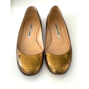 Manolo Blahnik Tere Leather Bronze Flats